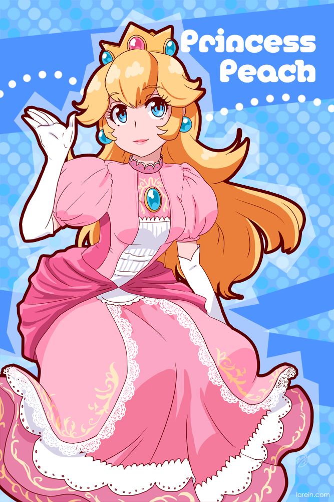 aqua_eyes, bangs, blonde_hair, character_name, dress, earrings, elbow_gloves, gloves