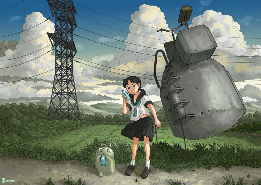 1girl, awatake_takahiro, black_hair, clouds, original, rural, school_uniform, science_fiction