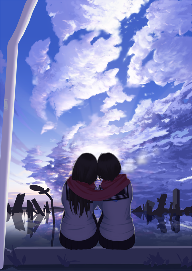 2girls, black_hair, clouds, headrest, leaning_on_person, long_hair, multiple_girls, nanahime_(aoi), original, red_scarf, reflection, ruins, scarf, school_uniform, serafuku, shared_scarf, short_hair, sitting, skirt, sky, water
