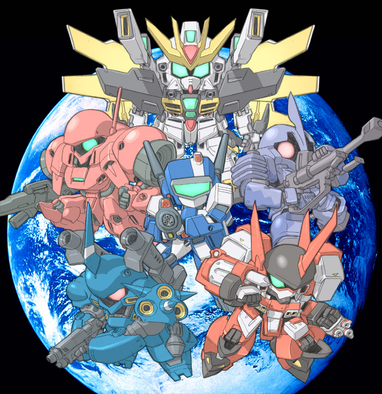 alteisen, bazooka, character_request, chibi, choujikuu_yousai_macross, double_x_gundam, earth, gerbera_tetra
