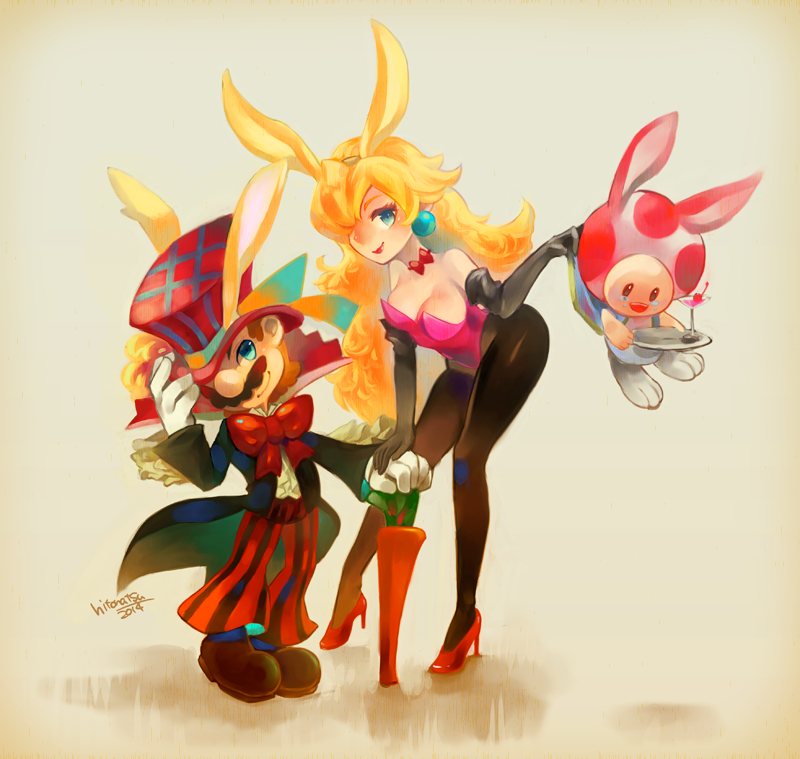 1girl, 2boys, animal_ears, artist_name, bangs, bare_shoulders, blonde_hair, blue_eyes, blush, boots, bow, bowtie, breasts, brown_hair, bunny_girl, bunnysuit, cape, carrot, cleavage, elbow_gloves, fishnet_pantyhose, fishnets, formal, gloves, hat, high_heels, holding, large_bow, lips, lipstick, looking_at_viewer, makeup, mario, super_mario_bros., multiple_boys, one_eye_closed, open_mouth, pantyhose, payot, plate, princess_peach, rabbit_ears, smile, standing, suit, super_mario_bros., tears, toad, tokino_hitonatsu, top_hat