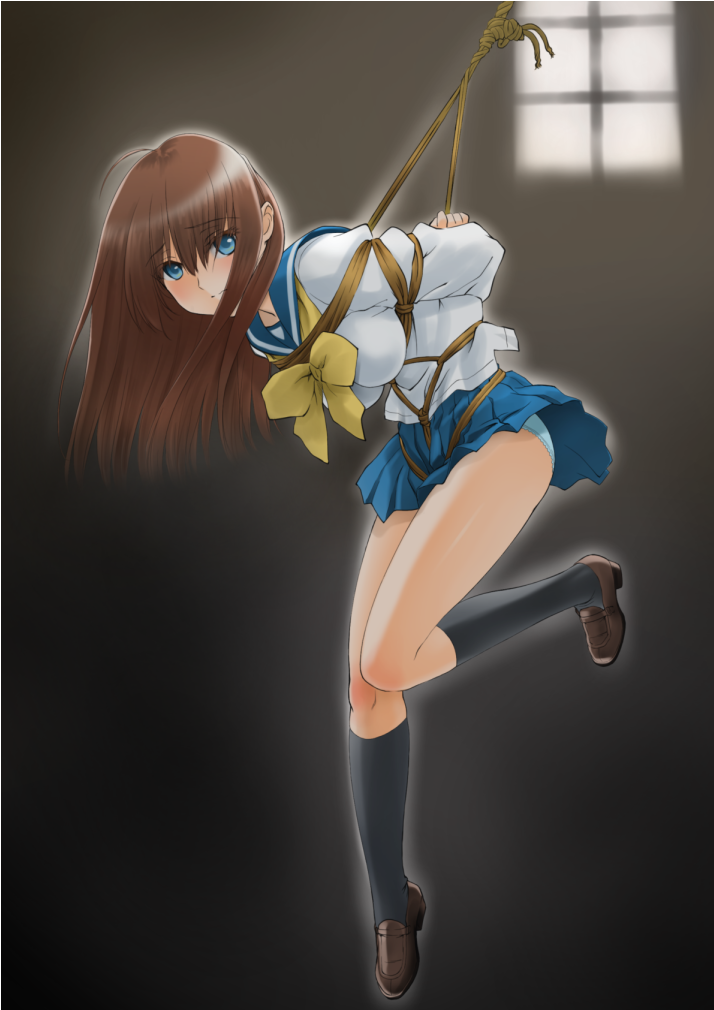 1girl, arms_behind_back, bdsm, blue_eyes, bondage, breasts, brown_hair, chaborin, long_hair, looking_at_viewer, rope, school_uniform, serafuku, shibari, solo, suspension