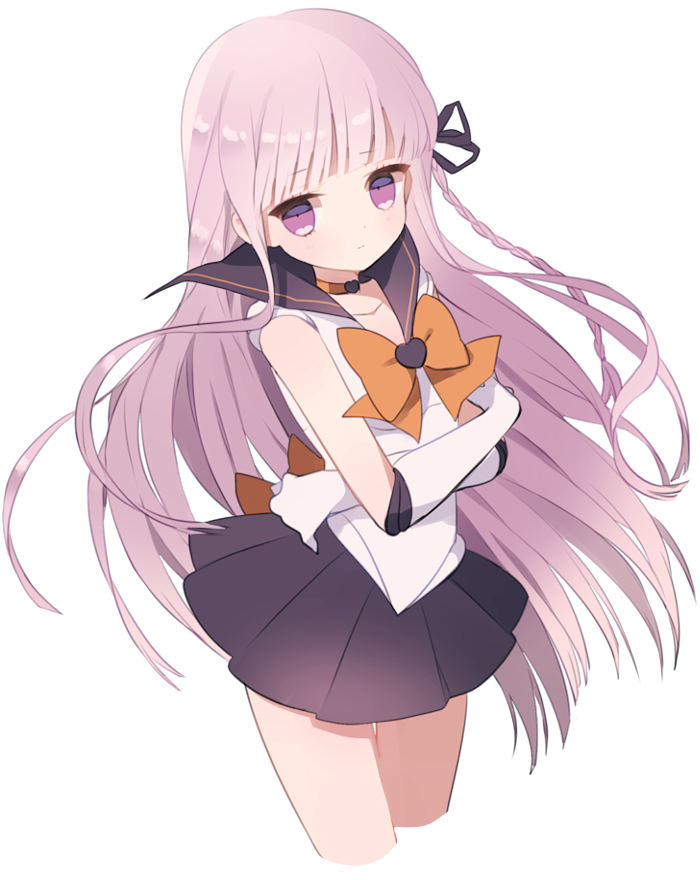 1girl, bishoujo_senshi_sailor_moon, braid, choker, crossed_arms, dangan_ronpa, hair_ribbon, heart, kirigiri_kyouko, lavender_hair, long_hair, magical_girl, ribbon, sailor_senshi, sailor_senshi_(cosplay), simple_background, single_braid, skirt, solo, uttao, violet_eyes, white_background