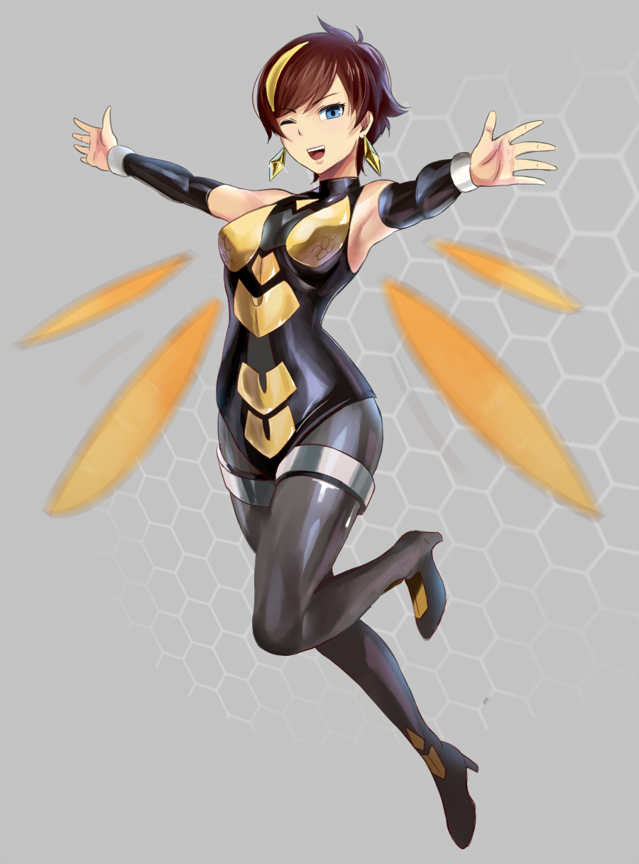 1girl, avengers, bare_shoulders, blue_eyes, bodysuit, brown_hair, detached_sleeves, disk_wars:_avengers
