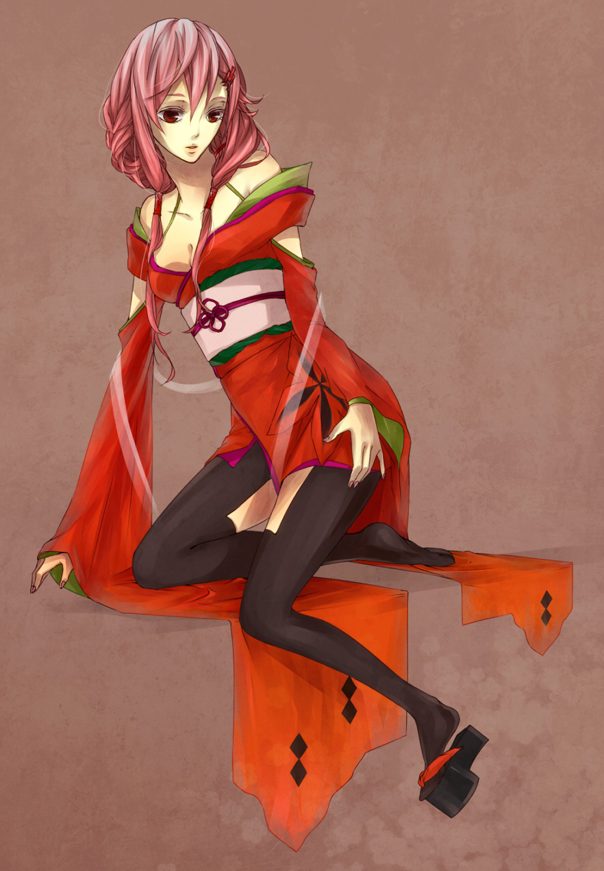 1girl, adapted_costume, bare_shoulders, black_legwear, breasts, cleavage, guilty_crown, hair_ornament