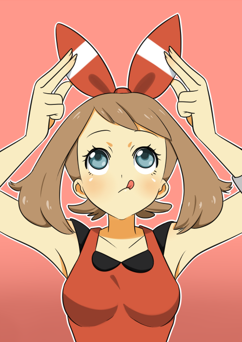 1girl, arechan, arms_up, blue_eyes, brown_hair, hair_ribbon, haruka_(pokemon), haruka_(pokemon)_(remake), pokemon, pokemon_(game), pokemon_oras, ribbon, sleeveless, sleeveless_shirt, solo, tongue, tongue_out, wristband