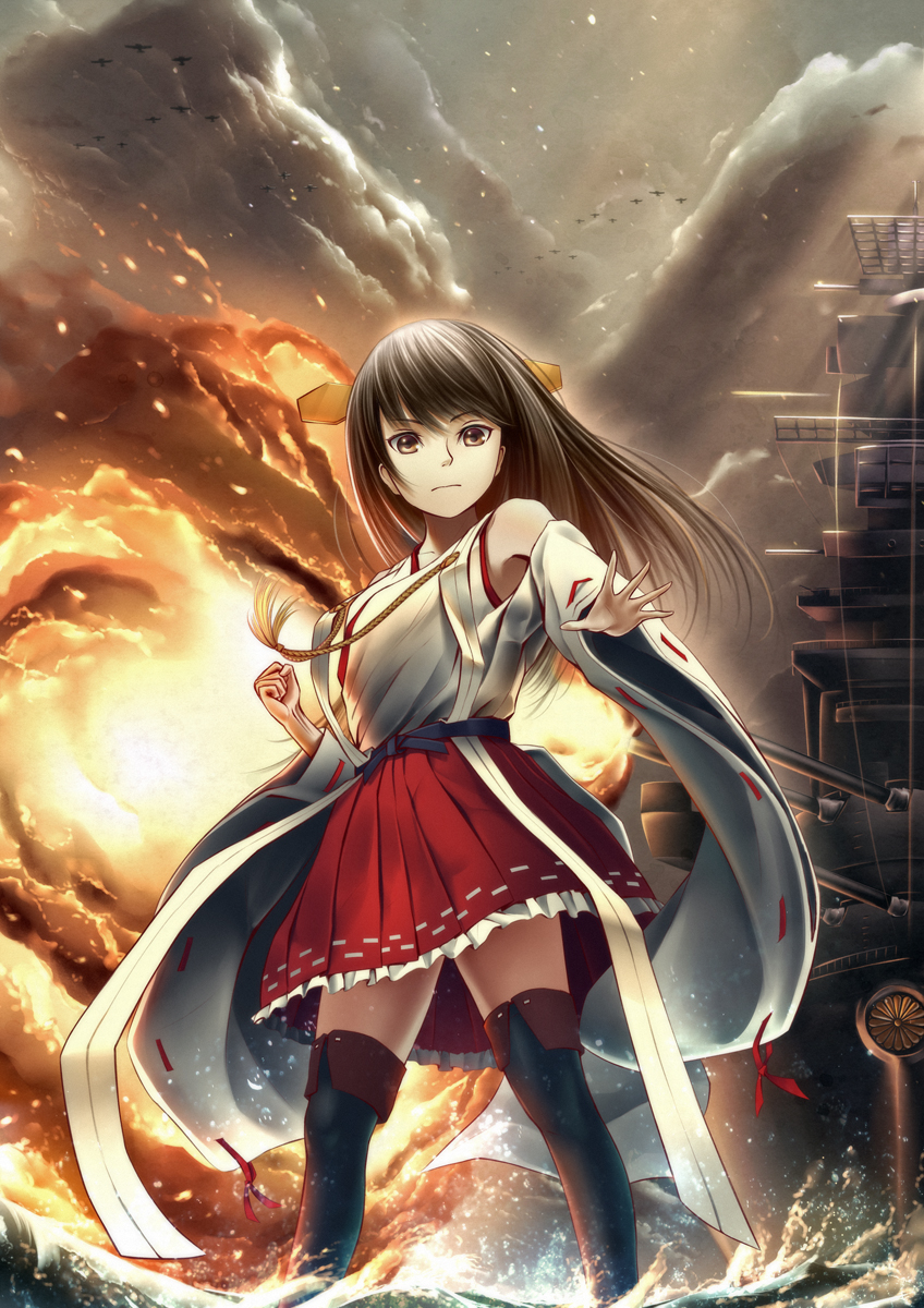 1girl, airplane, bare_shoulders, battle, battleship, black_hair, black_legwear, blouse, breasts, cannon, clouds, detached_sleeves, explosion, hair_ornament, hairband, hairclip, haruna_(battleship), haruna_(kantai_collection), highres, imperial_japanese_navy, japanese_clothes, kantai_collection, long_hair, nontraditional_miko, ocean, oki_(koi0koi), personification, radar, ship, skirt, smoke, solo, thigh-highs, turret, water, world_war_ii