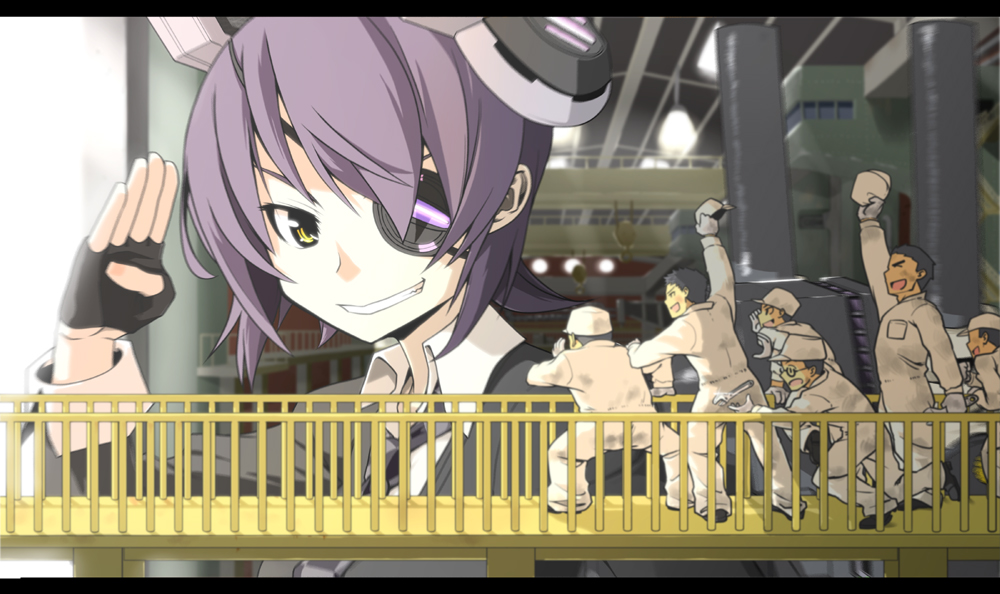 1girl, eyepatch, fingerless_gloves, giantess, gloves, hat, kantai_collection, letterboxed