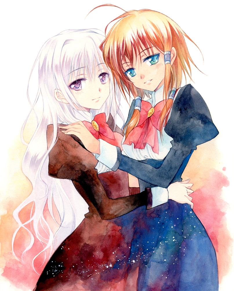 1boy, 1girl, agahari, ahoge, asymmetrical_hair, blue_eyes, brown_hair, kayleigh_glanzelius