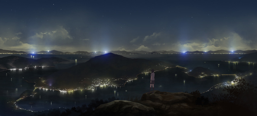 1girl, bridge, city_lights, cityscape, clouds, commentary, dark, hill
