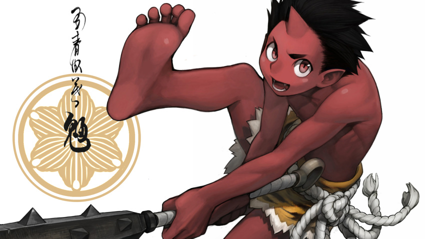 1boy, black_hair, blockun, bulge, club, fangs, highres, horn