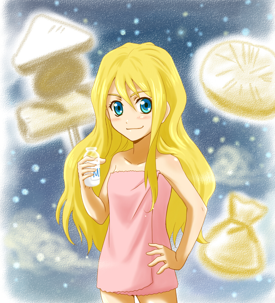 blonde_hair, blue_eyes, kiropin, milk, naked_towel, patty_fleur, solo, tales_of_(series)