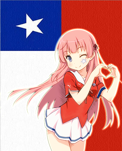 1girl, 2014_fifa_world_cup, ;), armband, chile, flag, fuyuumi_ai, hair_ribbon, heart, heart_hands, long_hair, looking_at_viewer, lowres, one_eye_closed, ore_no_kanojo_to_osananajimi_ga_shuraba_sugiru, photoshop, pink_hair, ribbon, shirt, smile, soccer, soccer_uniform, solo, sportswear, violet_eyes, wink, world_cup, yamasan