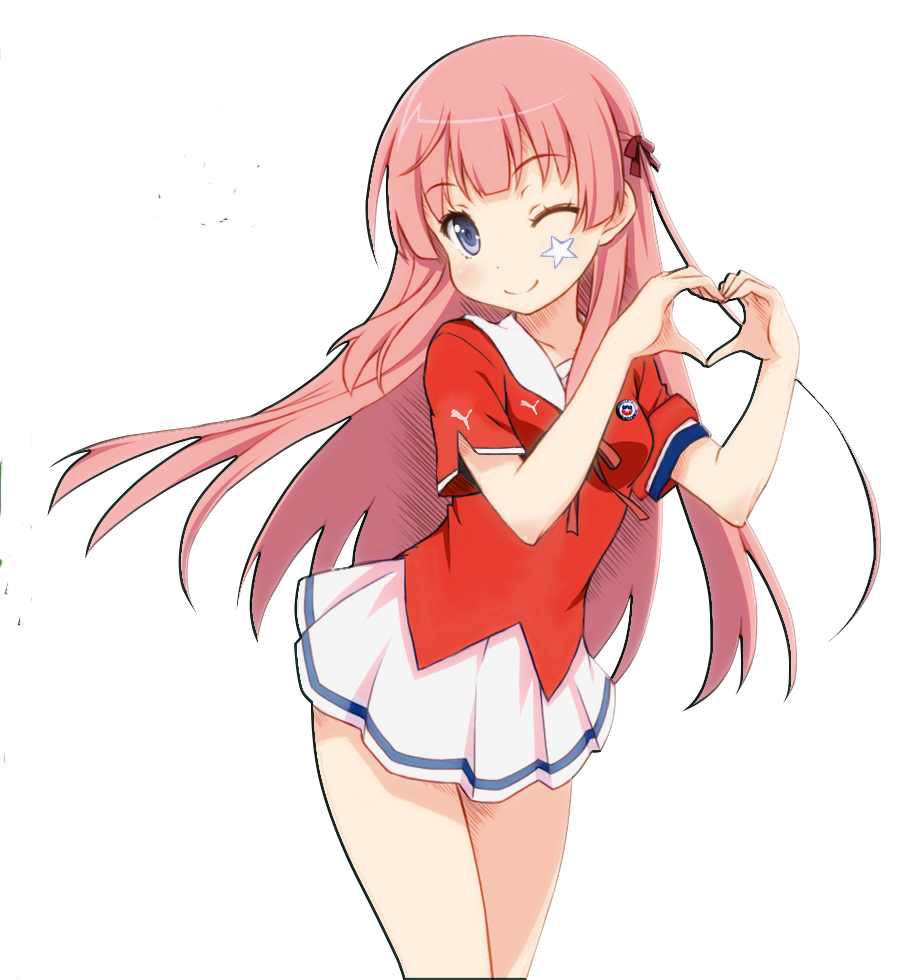 1girl, 2014_fifa_world_cup, ;), armband, chile, flag, fuyuumi_ai, hair_ribbon, heart, heart_hands, long_hair, looking_at_viewer, one_eye_closed, ore_no_kanojo_to_osananajimi_ga_shuraba_sugiru, photoshop, pink_hair, ribbon, shirt, smile, soccer, soccer_uniform, solo, sportswear, violet_eyes, wink, world_cup, yamasan