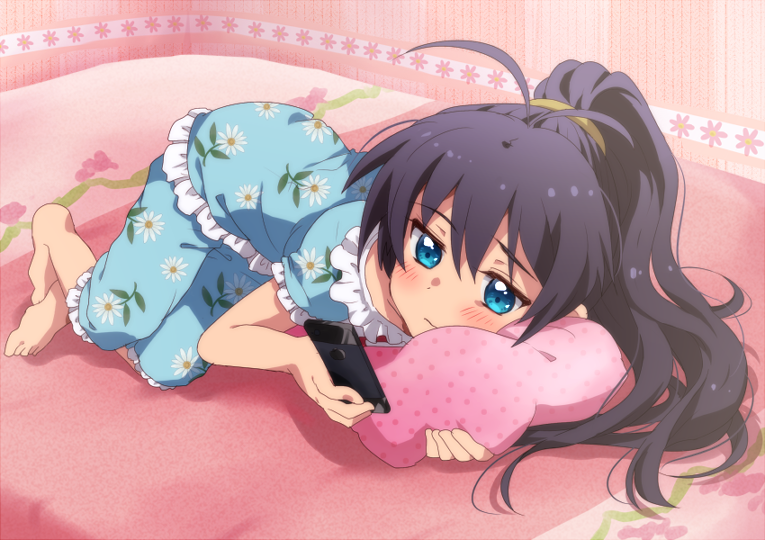 bed, black_hair, blue_eyes, cellphone, ganaha_hibiki, hiiringu, idolmaster, long_hair