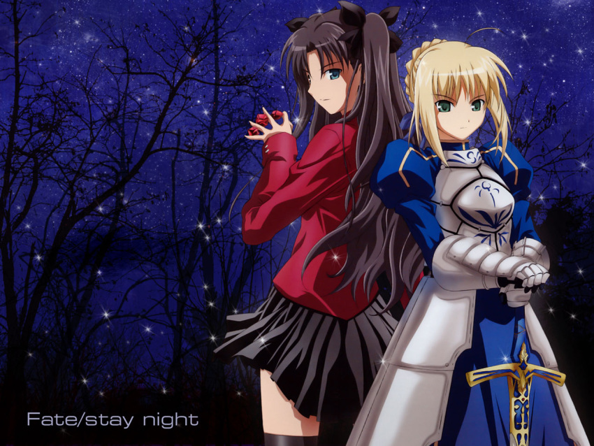 2girls, ahoge, armor, artoria_pendragon_(all), back-to-back, black_hair, blonde_hair, blue_eyes