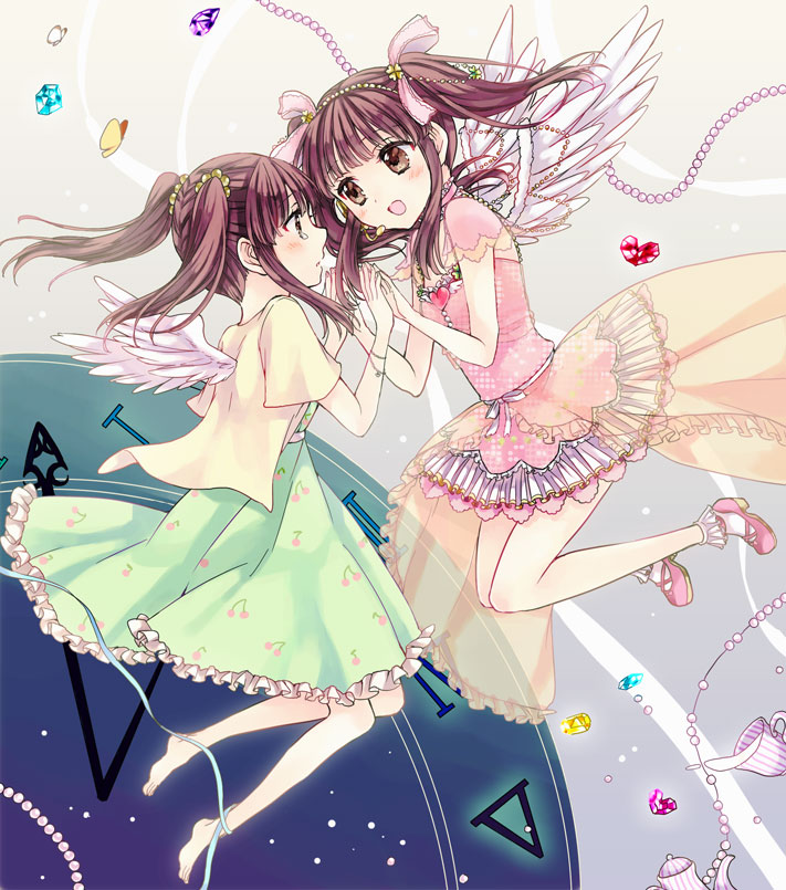 2girls, angel_wings, blush, brown_eyes, brown_hair, dress, frills, idolmaster