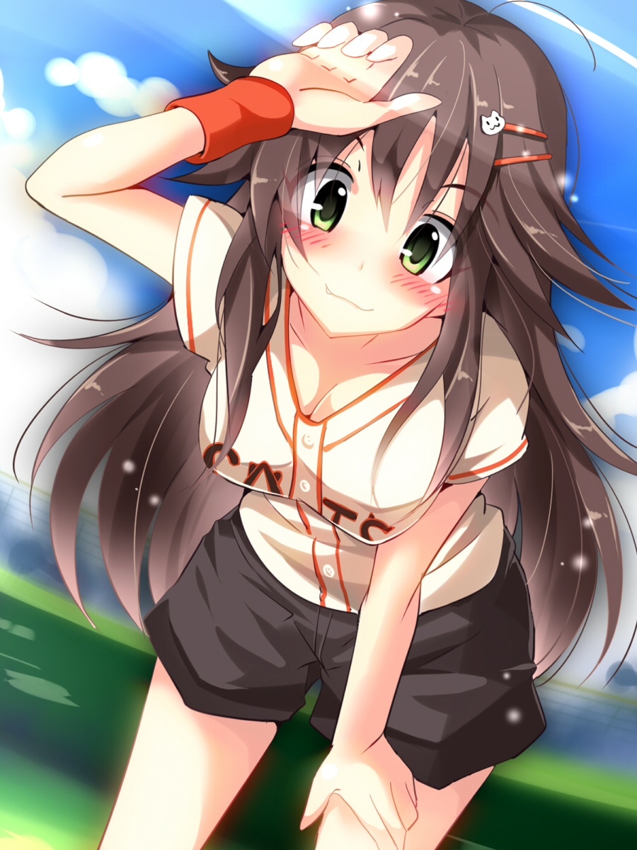 1girl, baseball_uniform, blush, breasts, brown_hair, fang, green_eyes, hair_ornament