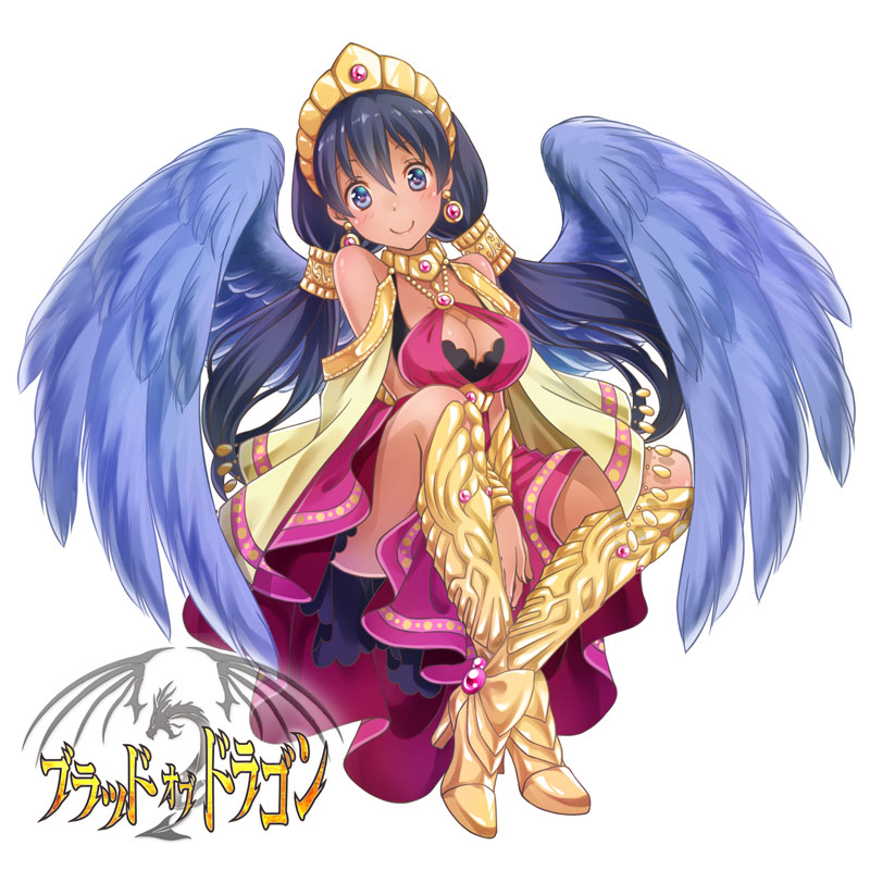 1girl, black_hair, blood_of_dragon, blue_eyes, breasts, cleavage, crossed_legs, dark_skin, looking_at_viewer, original, riolabo, smile, twintails, wings