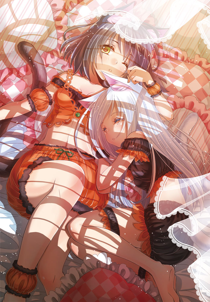 2girls, animal_ears, barefoot, bed, cat_ears, cat_tail, curtains, halloween