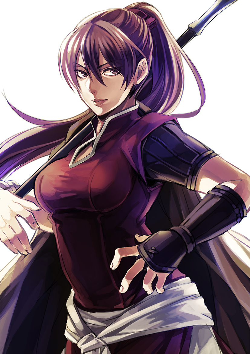 1girl, arm_guards, barusa, bracelet, breasts, brown_eyes, brown_hair, jewelry