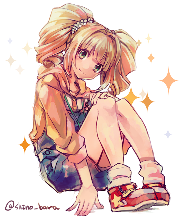 brown_hair, green_eyes, hand_on_knee, idolmaster, knees_up, looking_at_viewer, orange_hair, senzoku_senri