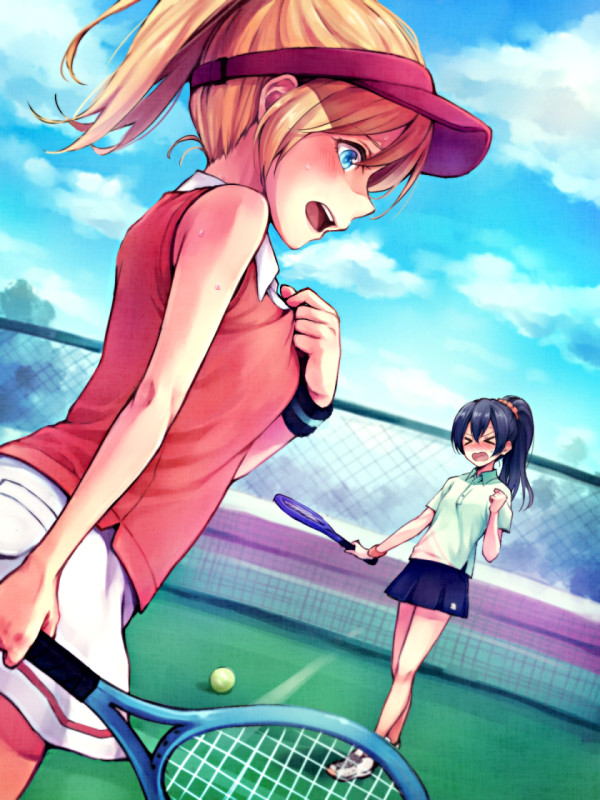>_<, 2girls, alternate_hairstyle, ayase_eli, ball, blonde_hair, blue_eyes, blue_hair