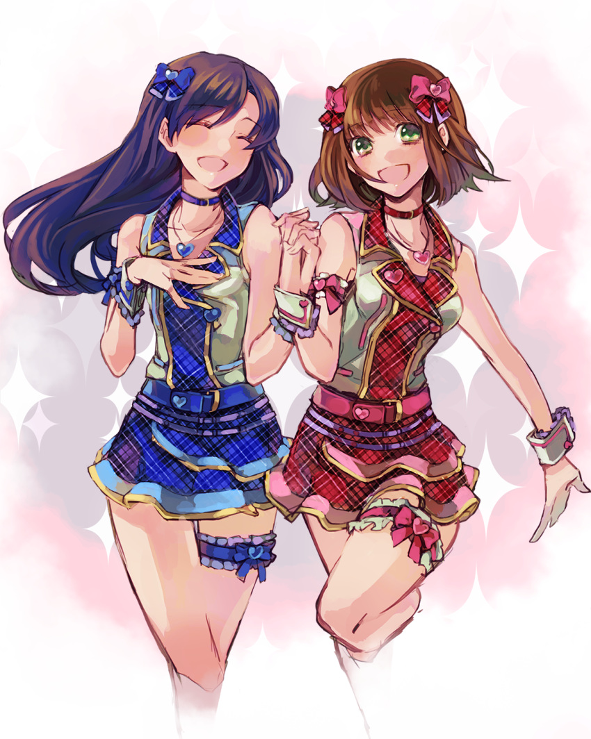 2girls, amami_haruka, bare_shoulders, belt, blue_hair, brown_hair, choker, garters