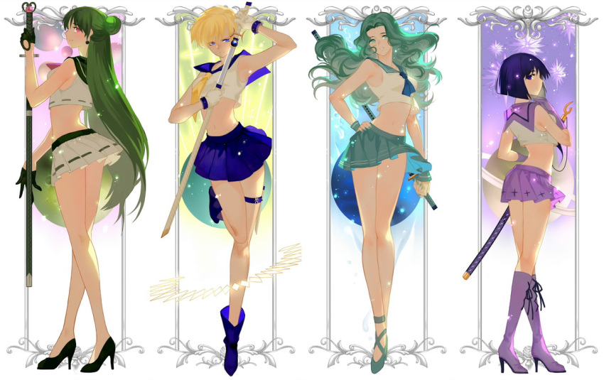 4girls, alternate_costume, alternate_footwear, bishoujo_senshi_sailor_moon, black_hair, blonde_hair, blue_eyes, blue_skirt
