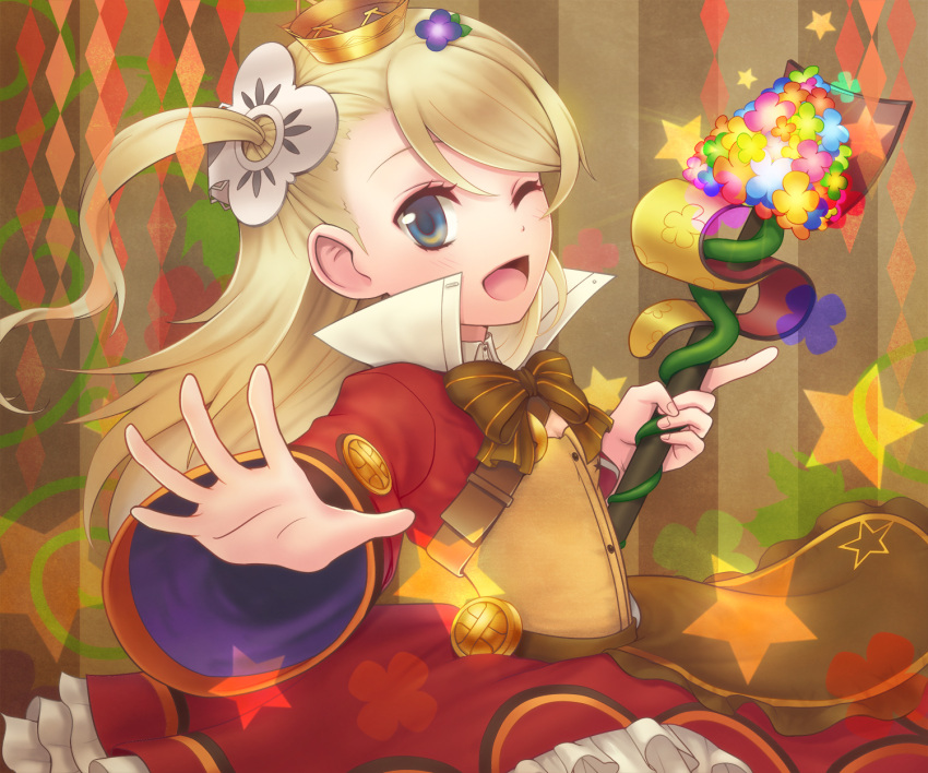 1girl, ;d, apron, asymmetrical_hair, blonde_hair, blue_eyes, bow, brown_background