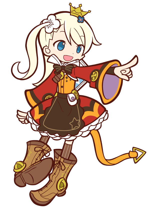 1girl, :d, apron, asymmetrical_hair, blue_eyes, boots, bow, brown_legwear
