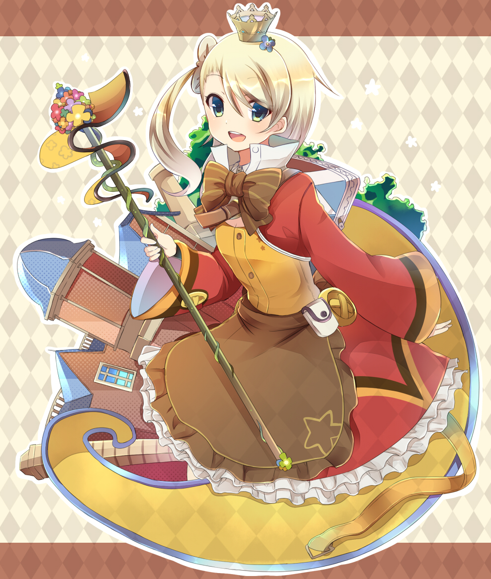 1girl, apron, argyle, argyle_background, asymmetrical_hair, blonde_hair, bow, brown_background