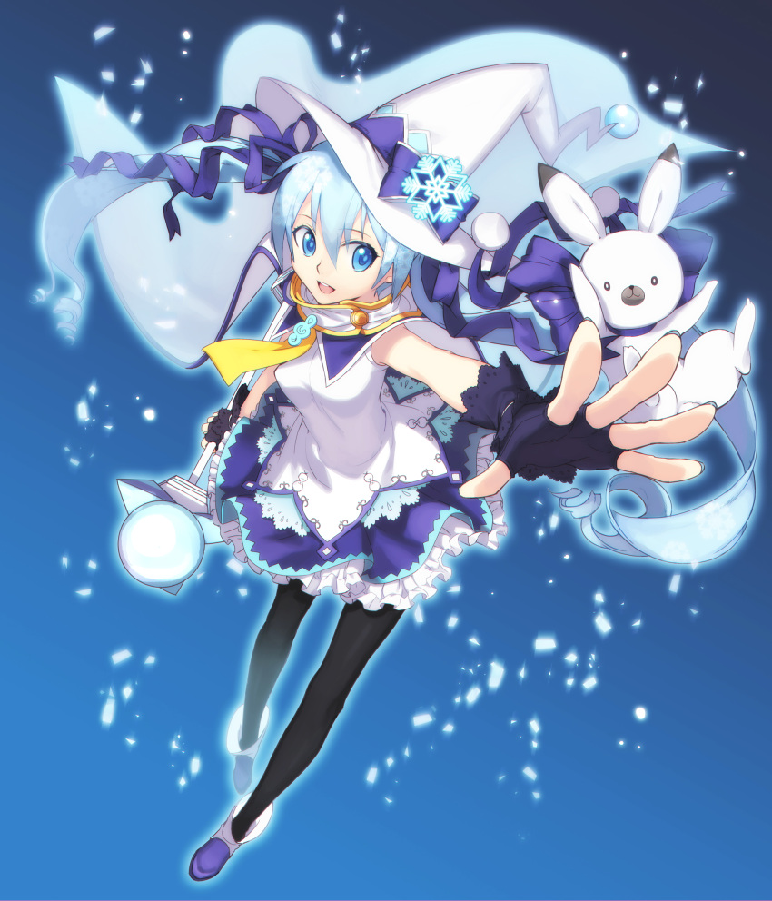 1girl, black_gloves, black_legwear, blue_background, blue_eyes, blue_hair, blue_skirt, cape, ecoliff, fingerless_gloves, frills, gloves, hair_ornament, hat, hatsune_miku, highres, long_hair, magical_girl, outstretched_hand, pantyhose, rabbit, ribbon, shoes, skirt, smile, snow, snowflake_hair_ornament, solo, twintails, vocaloid, witch_hat, yuki_miku