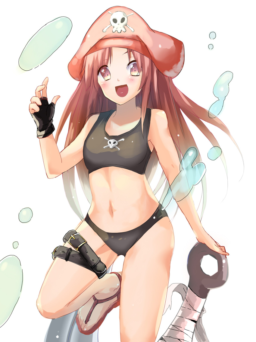 1girl, anchor, blush, brown_eyes, brown_hair, fingerless_gloves, gloves, guilty_gear, hachimitsu_(honey_xxxx), hat, highres, may_(guilty_gear), midriff, navel, open_mouth, pirate_hat, sandals, skull_and_crossbones, small_breasts, solo, swimsuit, tankini, thigh_strap