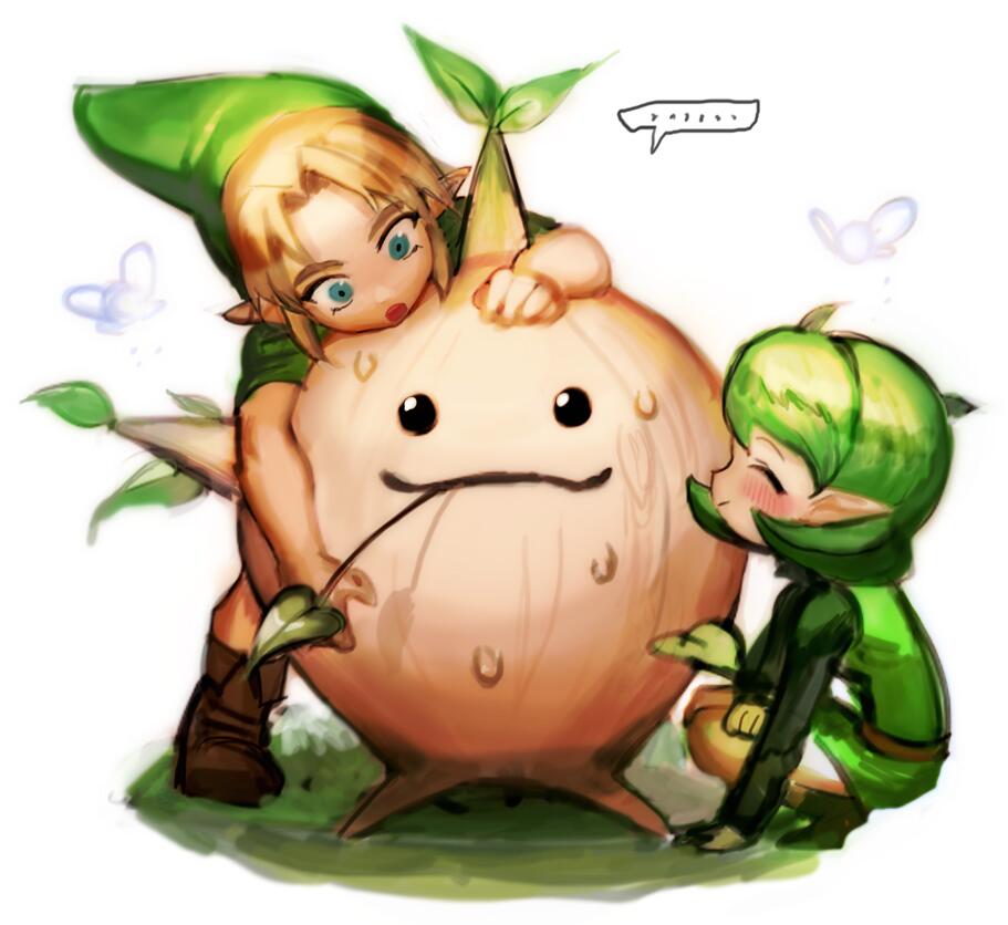 blonde_hair, blue_eyes, charcoalo, deku_tree, fairy, green_hair, hairband, hat, link, nintendo, ocarina_of_time, pointy_ears, saria, smile, the_legend_of_zelda, tree
