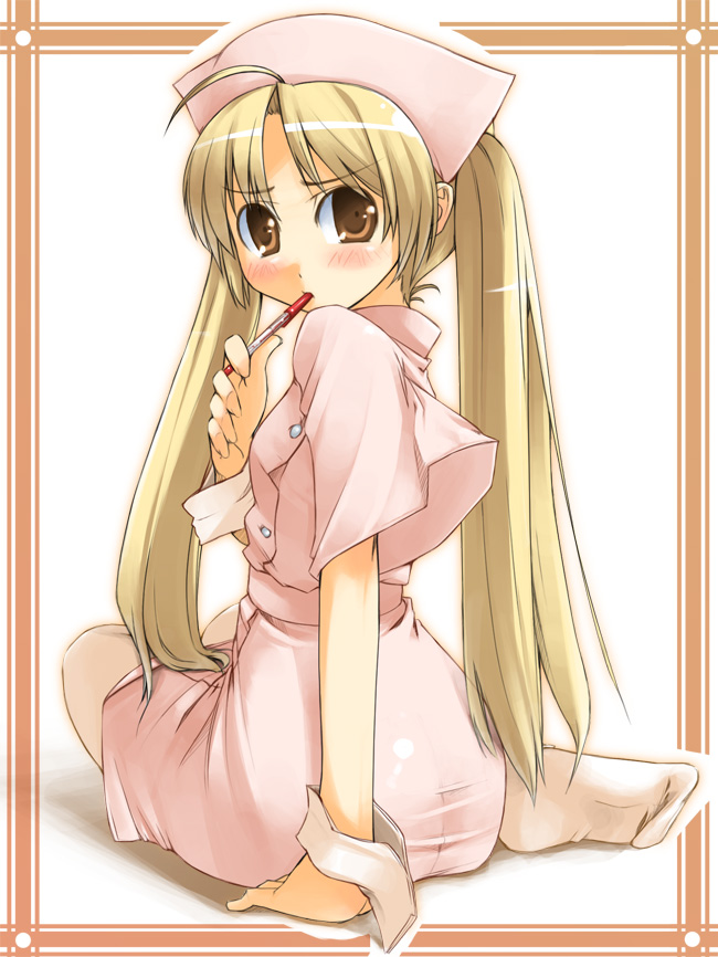 ass, blush, brown_eyes, feet, jirou_(chekoro), long_hair, nurse, pantyhose, soles, stockings, twintails, uniform