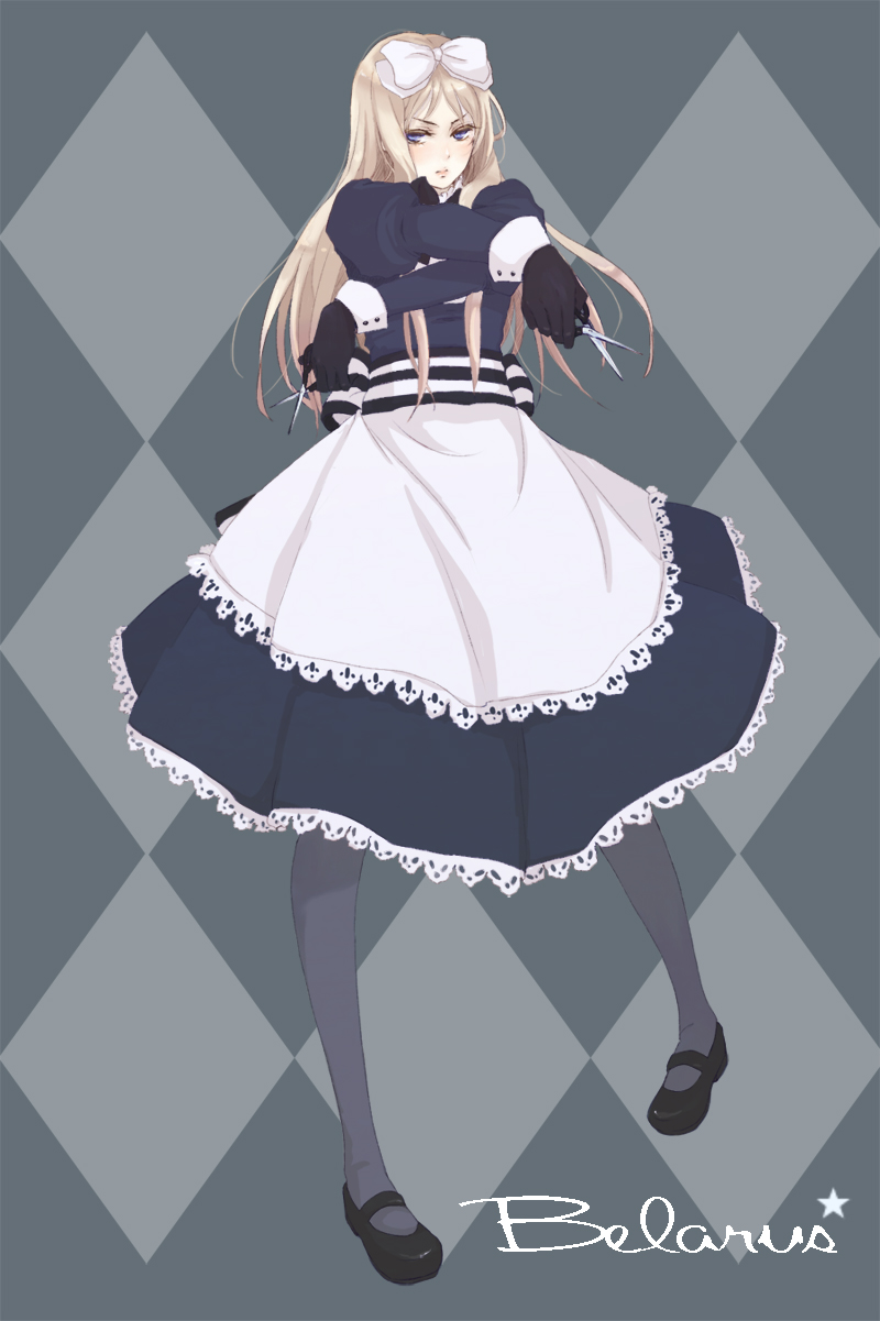 1girl, apron, axis_powers_hetalia, belarus_(hetalia), bk3, black_gloves, black_legwear, black_shoes, blonde_hair, blue_background, blue_dress, blue_eyes, bow, buttons, character_name, diamond_(shape), dress, dual_wielding, full_body, gloves, hair_bow, highres, lace-trimmed_apron, lace-trimmed_dress, long_hair, long_sleeves, mary_janes, pantyhose, patterned, patterned_background, petticoat, puffy_long_sleeves, puffy_sleeves, scissors, shoes, simple_background, solo, star, striped, text, white_bow, x_arms