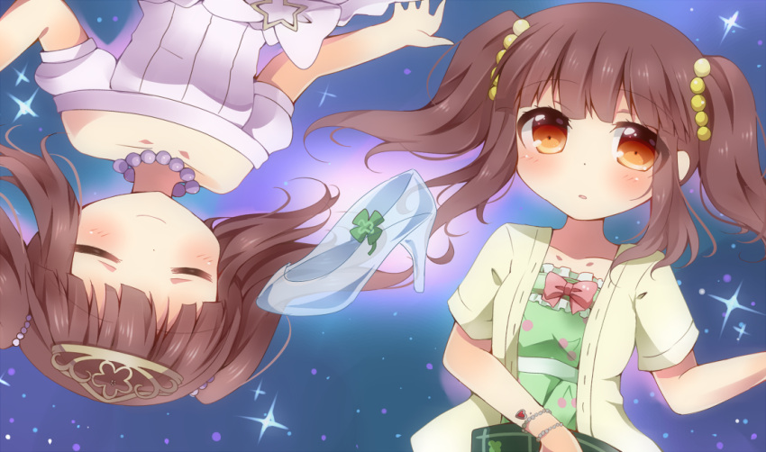 bare_shoulders, bow, bracelet, brown_eyes, brown_hair, closed_eyes, clover, commentary_request
