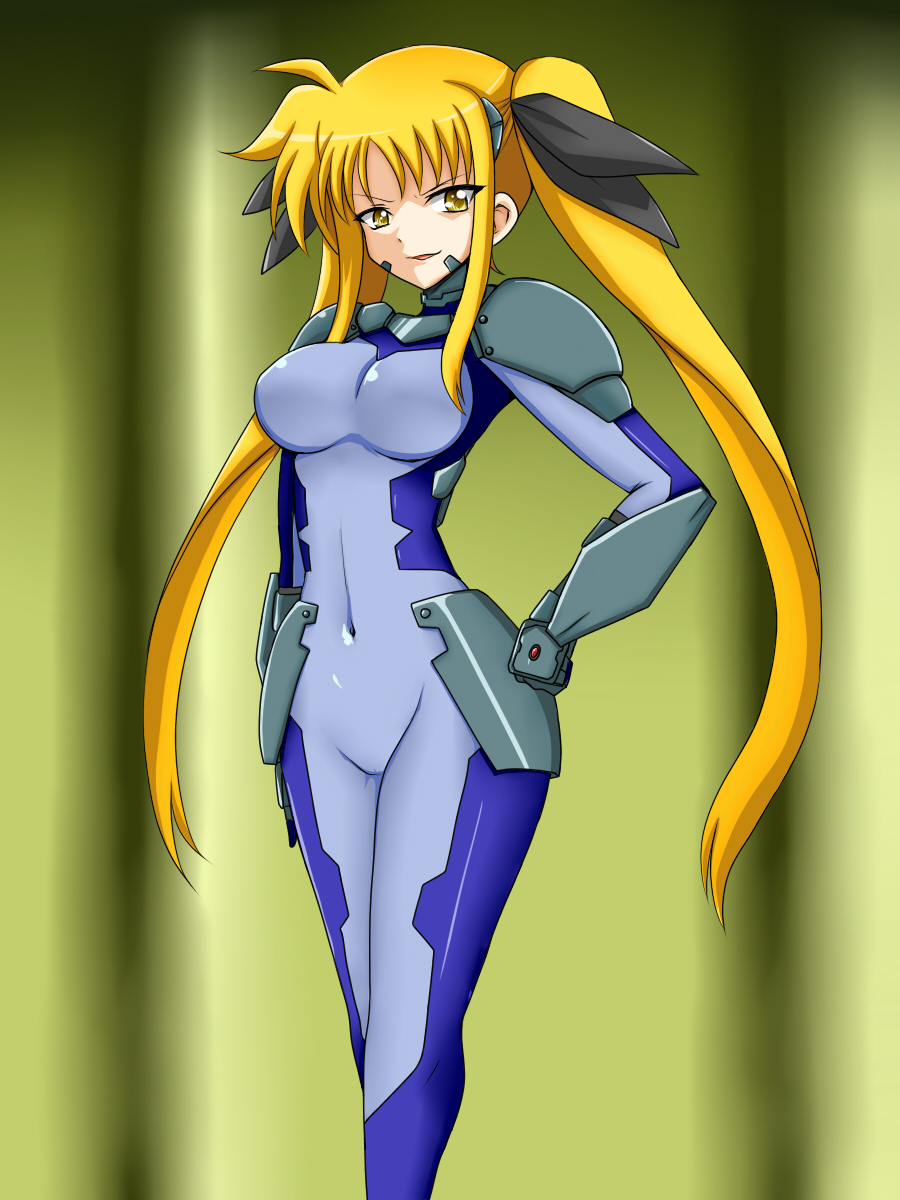1girl, blonde_hair, bodysuit, brainwashing, dark_persona, fate_testarossa, highres, long_hair, lyrical_nanoha, mahou_shoujo_lyrical_nanoha_strikers, numbers_(nanoha), solo, twintails, yellow_eyes