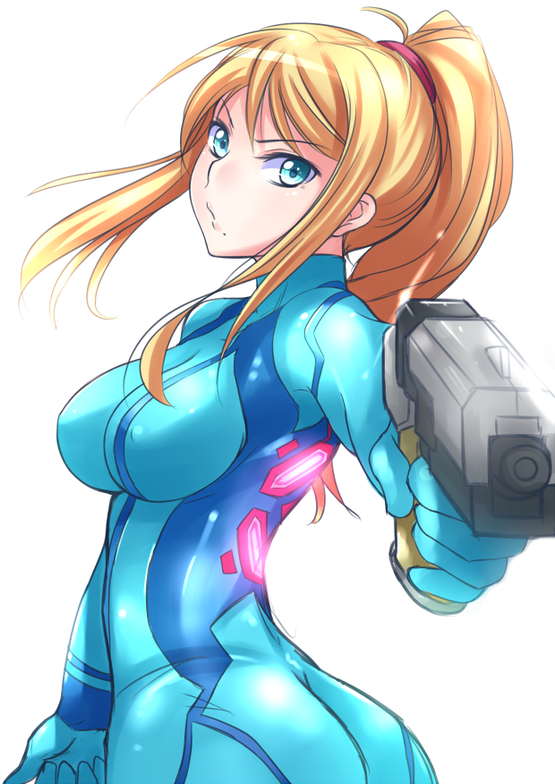 1girl, blonde_hair, blue_eyes, bodysuit, breasts, female, kitayama_miuki, long_hair, looking_at_viewer, metroid, samus_aran, simple_background, solo, white_background, zero_suit