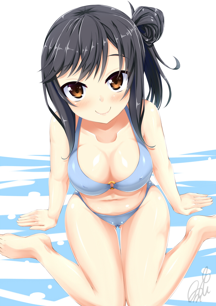1girl, amau_(kosmos), barefoot, black_hair, blush, breasts, brown_eyes, cleavage