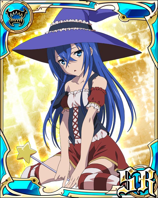 astarte_(strike_the_blood), blue_eyes, blue_hair, hat, long_hair, strike_the_blood, striped, striped_legwear