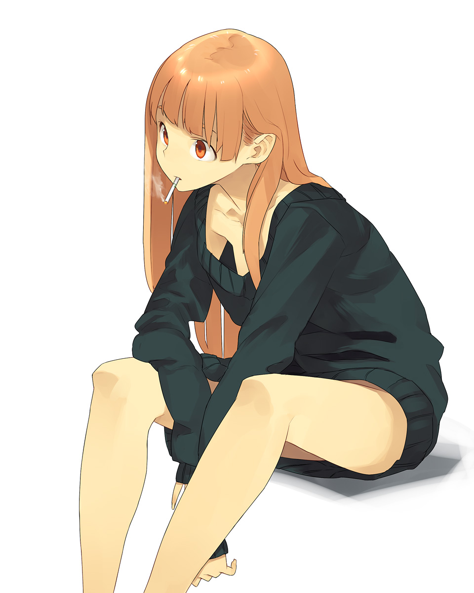 blunt_bangs, bottomless, cigarette, down_blouse, hama2224, highres, legs, long_hair
