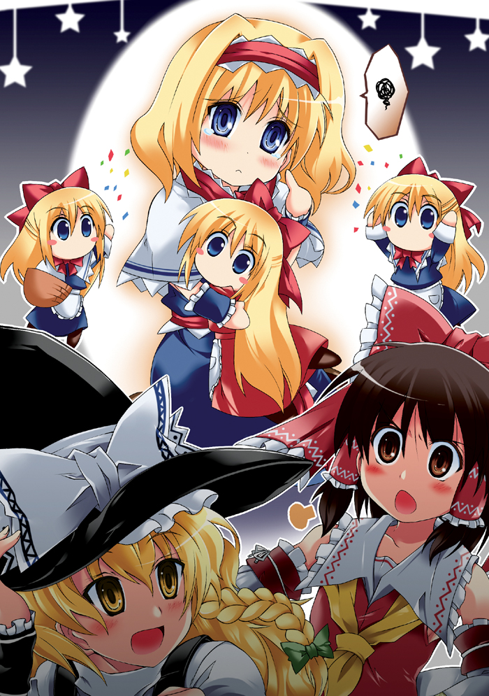 3girls, alice_margatroid, blonde_hair, blue_eyes, blush, bow, braid, brown_eyes