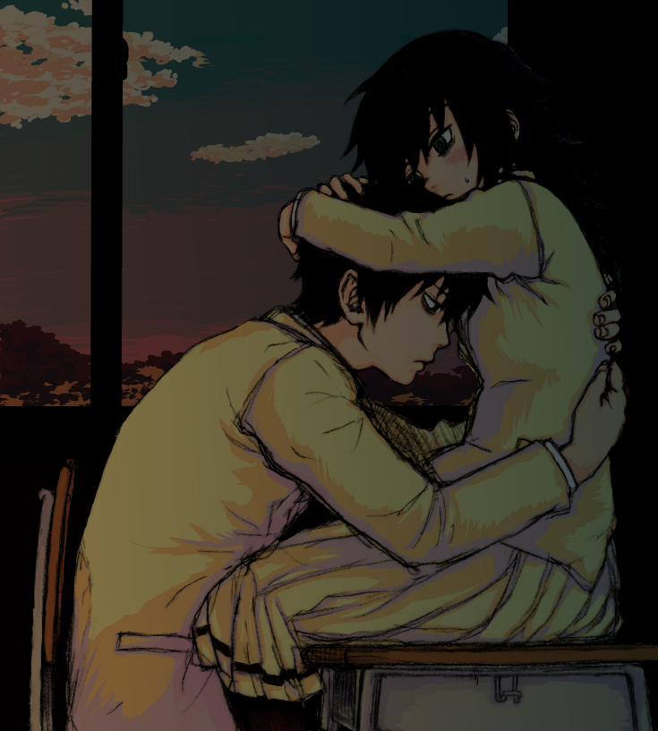 1boy, 1girl, blush, desk, hand_on_another's_back, hand_on_another's_head, hug, kuroki_tomoki