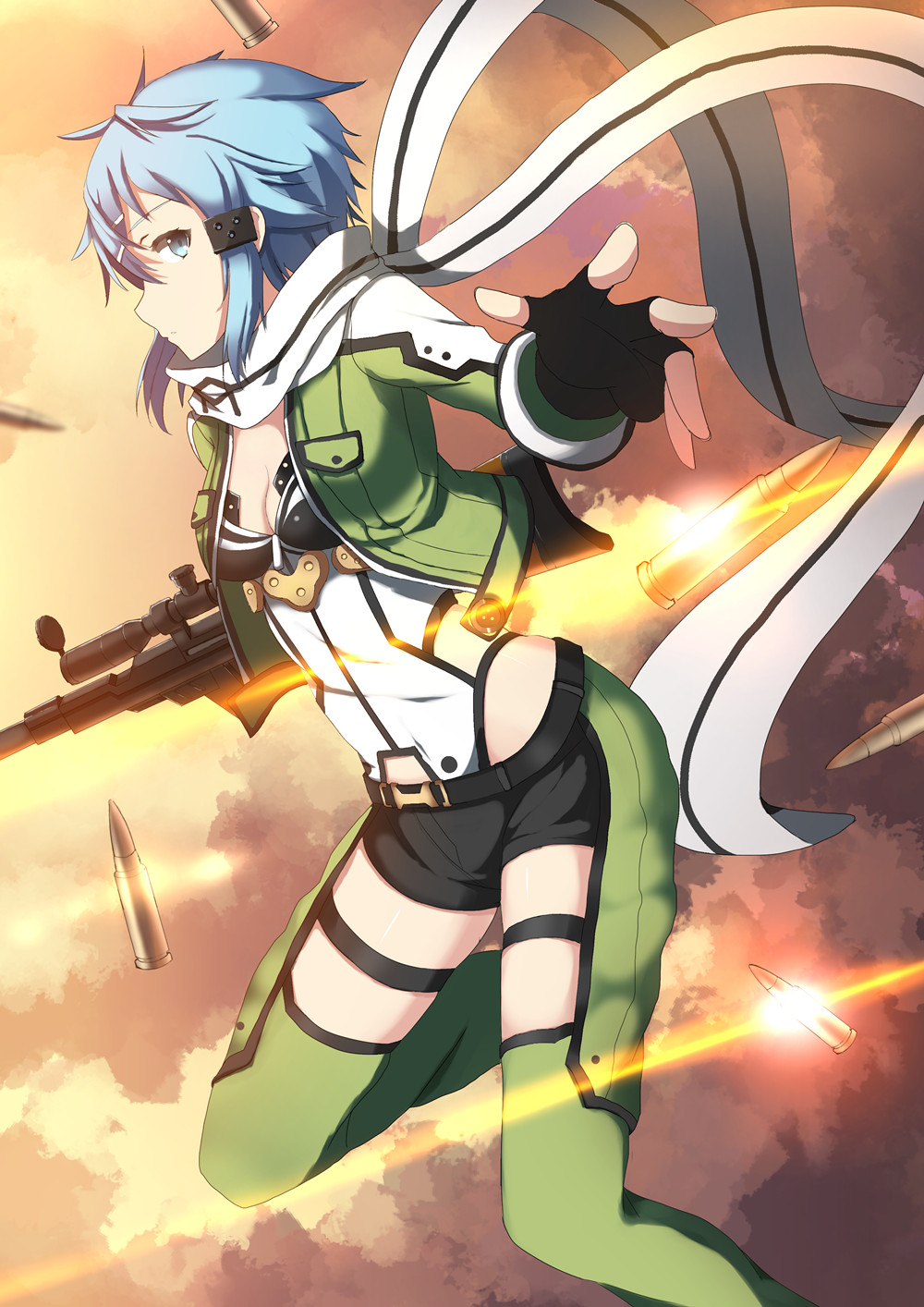 1girl, blue_eyes, blue_hair, fingerless_gloves, gloves, gun, highres, rifle