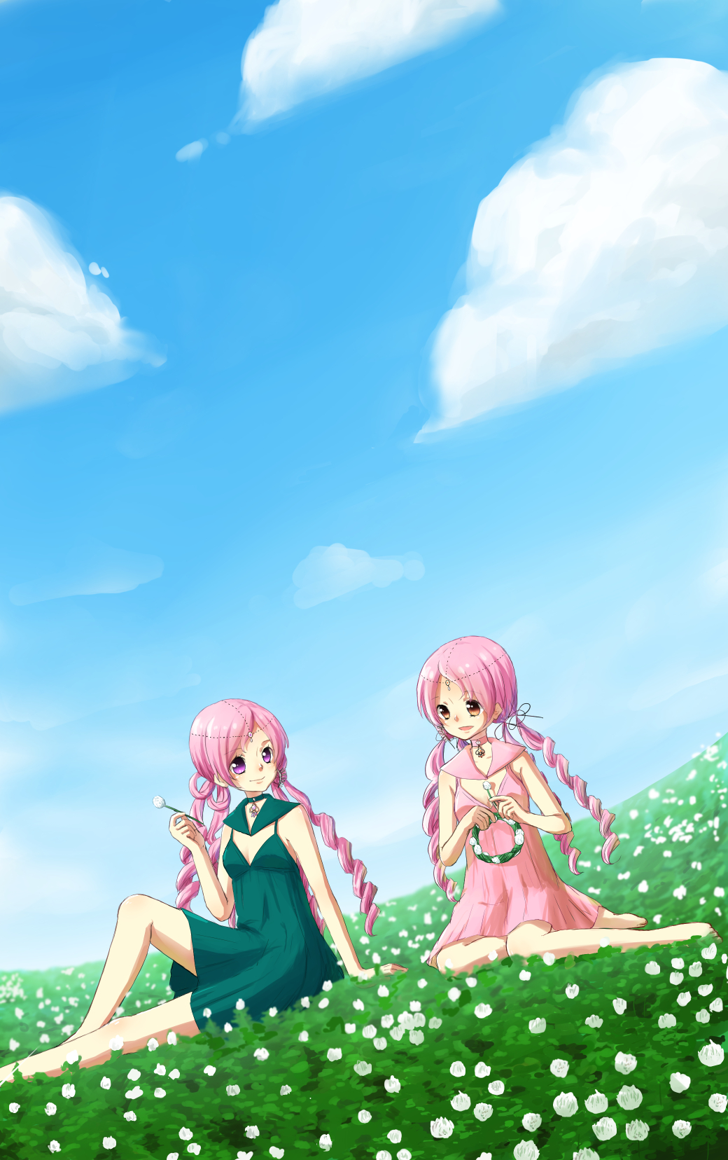 2girls, bare_legs, barefoot, bishoujo_senshi_sailor_moon, choker, dress, drill_hair, dutch_angle