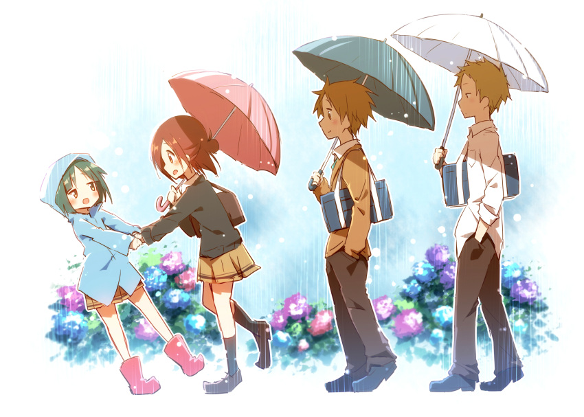 2boys, 2girls, ayakashi_(monkeypanch), blonde_hair, brown_hair, fujimiya_kaori, green_hair, hase_yuuki