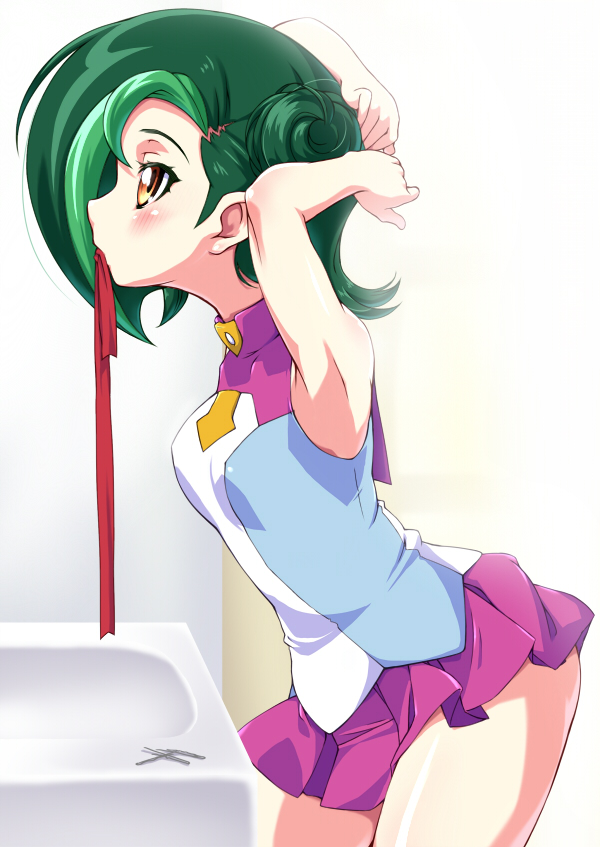 1girl, adjusting_hair, blouse, blush, brown_eyes, dressing, green_hair, hair_bun