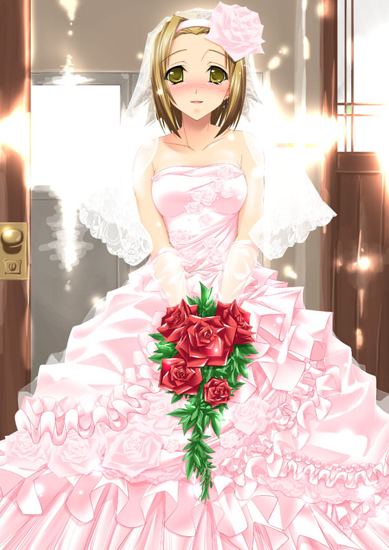 bouquet, bride, brown_eyes, brown_hair, dress, flower, hairband, k-on!, maho_(yakimorokoshi), short_hair, solo, tainaka_ritsu, wedding_dress